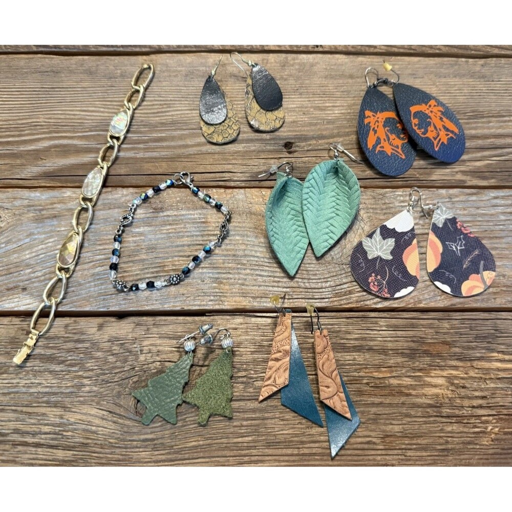 Boho Costume Jewelry Lot With Teal Colors  Earrings Bracelets Leather